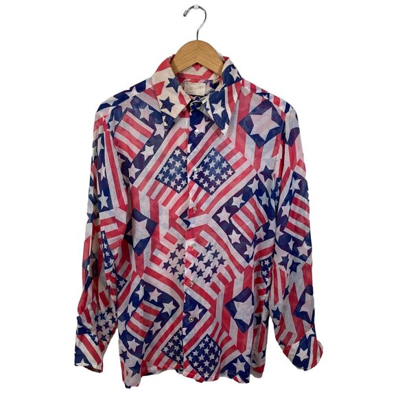 Mike Weber Mens VTG 60-70s Button Down Shirt 15 - 15.5 Red Blue Stars USA
